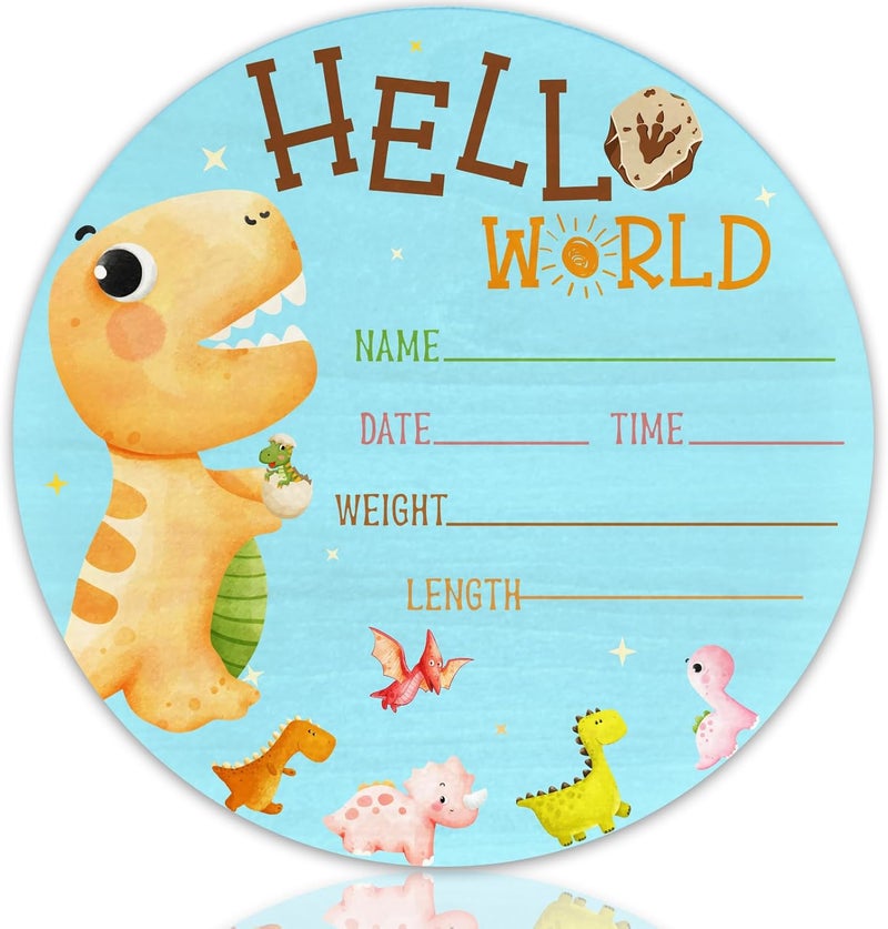 CLHHM Dinosaur Baby Name Announcement Sign Hello World Newborn Sign wooden Newbaby Gifts Nursery Wall Décor 5.9 Inch Baby Sign - Image 1